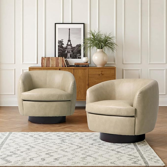 Swivel Barrel Accent Chair Comfy Modern Upholstered Round Faux Leather Reading Arm Chair for Living Room Bedroom (Cream Set of 2)
