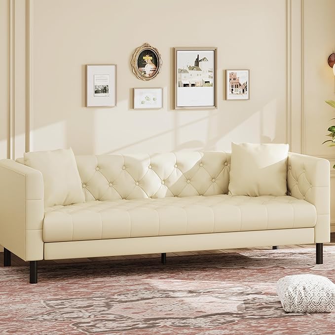 GAOMON 81 Leather Couch Handmade Button Tufted 3 Seater Sofa Chesterfield Sofa with Deep Seat and 2 Pillows Leather Sofa for Living Room Apartment Office Beige