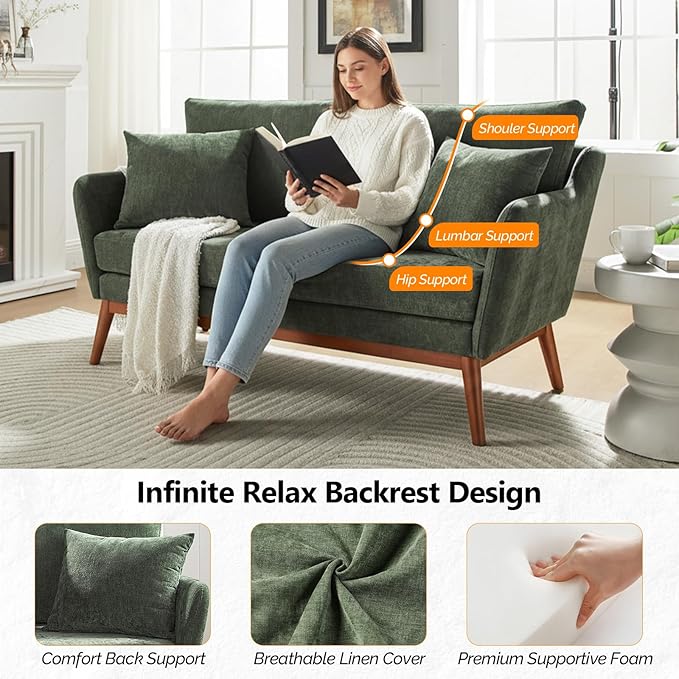 VINGLI 63.5 W Comfortable Small Upholstery Love Seat Couch with Soild Wood Frame 2 Seater Mid Century Linen Fabric Loveseat Sofa Mini Couch with Two Pillows for Small Spaces Bedroom Green