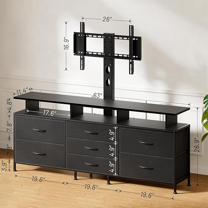REAHOME TV Stand with Mount 63 Entertainment Center for 32/45/55/60/65/70 inch TVs Media Console Table with 7 Drawers Height Adjustable Mount Dresser TV Stand for Living Room Carbon Fiber Black
