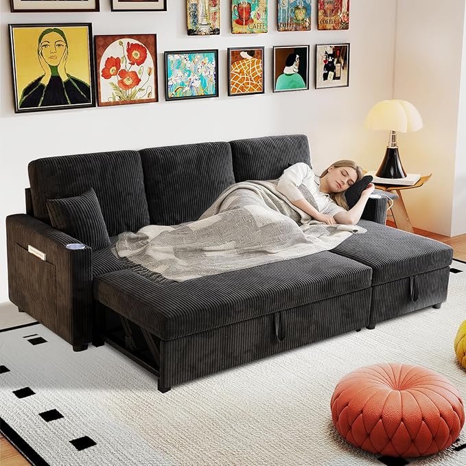 Rovibek 83 Convertible Sofa Bed Couch with Storage &amp USB Port – 4 in 1 L Shaped Sofa with Pull Out Couch Bed Side Table Cup Holder for Living Room Apartment Office Small Spaces Black