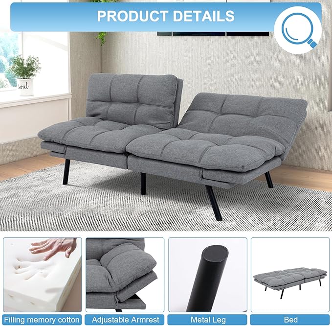 MUUEGM Futon Sofa Bed Couch Sofa Memory Foam Futon Sleeper Sofa Loveseat Convertible Couch Bed for Small Compact Spaces ApartmentLight Grey.