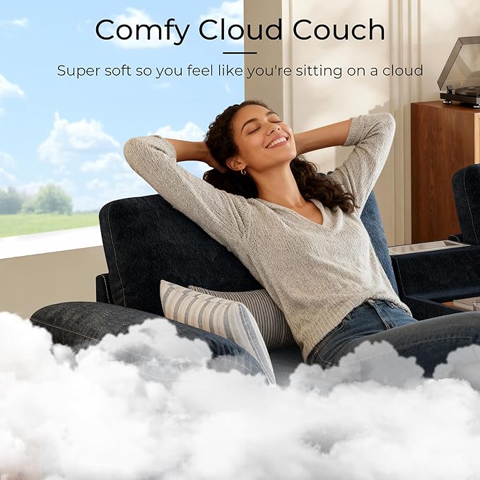 SITJOY 100 Oversized Sectional Couches for Living Room Extra Large Deep Seat Couch with Washable Covers Versatile Console Charging Ports Storage and Cupholders Loveseat Chenille in Blue