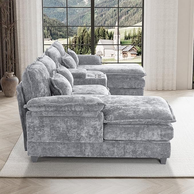 133 Oversized U Shaped Cloud Couch Modular Sectional Couches for Living Room Comfy Chenille Deep Seat Sofa Set with Double Chaise Lounge Storage Central Console Cup Holders USB Port Light Grey
