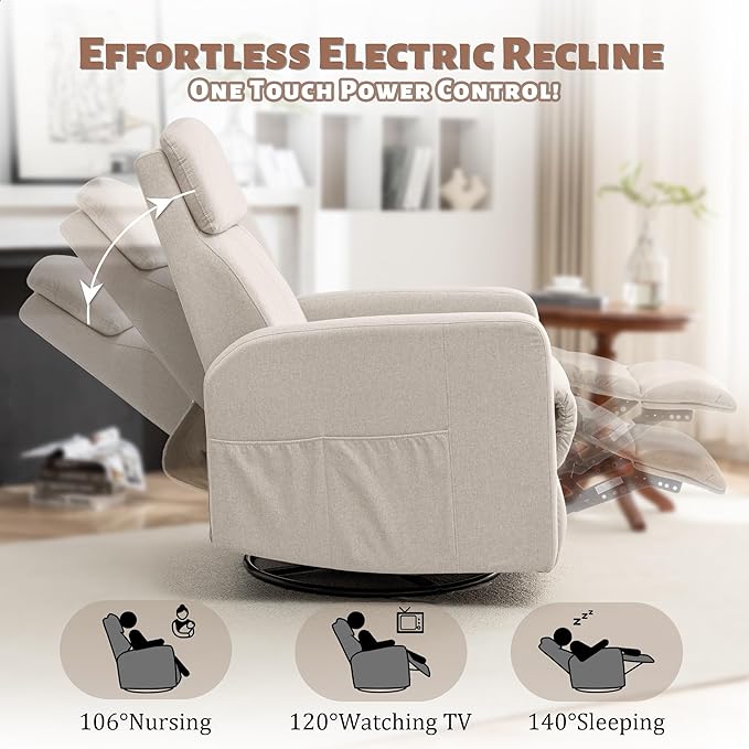 Power Swivel Recliner Chairs for Adults Electric Glider Rocking Chair Nursery Glider Recliner Nursery Chair with Classified Side Pocket Nursery Rocking Chairs with USB and Type-C Ports
