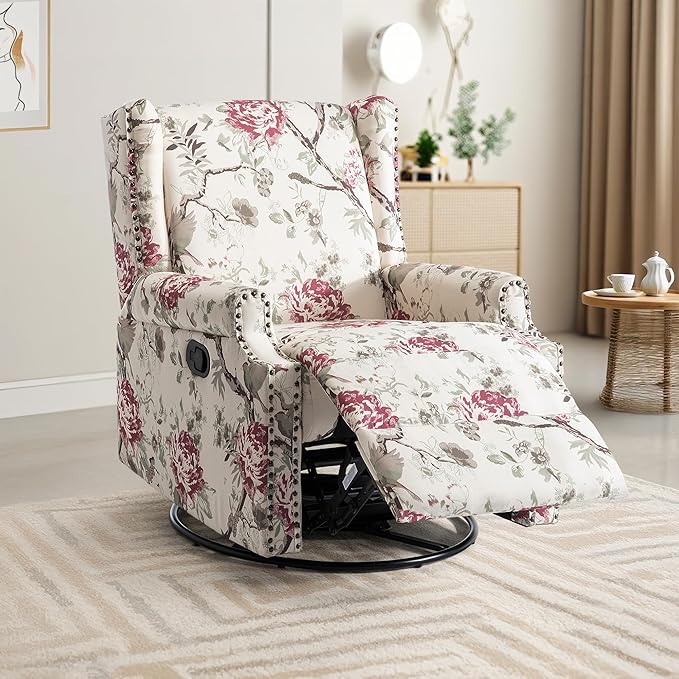Swivel Rocker Recliner Chair Manual Nursery Glider Recliner Floral Fabric Wingback Accent Chair with Adjustable Backrest &amp Footrest for Small Spaces Living Room Bedroom (Plants Floral Set of 2)