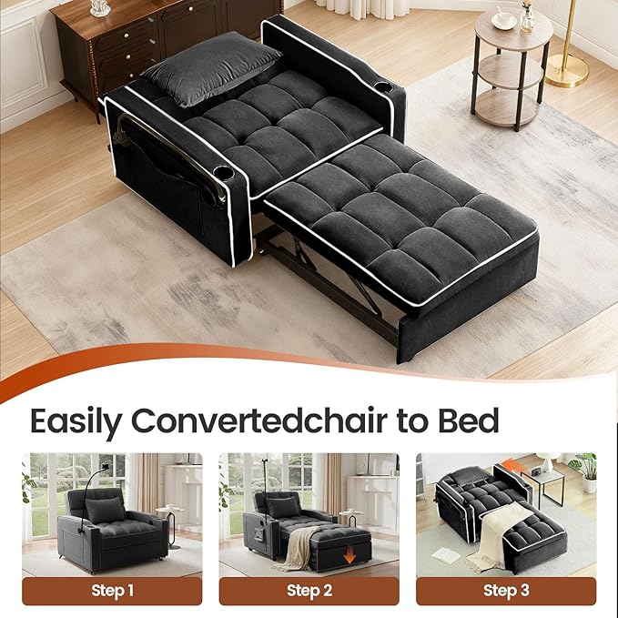 Convertible Sleeper Chair Bed Pull Out Chair Sleeper with Bracket and Cup Holder Chairs Bed Sleepers for Adults 3 in 1 Sofa Bed Chairs for Small Spaces Living Room Black