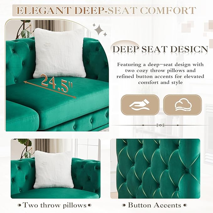 2 Piece Velvet Chesterfield Sofa Set Mid-Century Modern Love Seat Button Tufted Couch with Curved Arms Gold Metal Legs Deep Seat Comfortable Living Room Set Furniture (Green Couch and Loveseat)