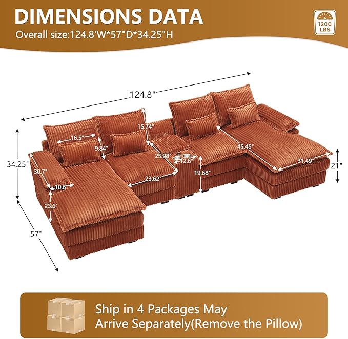HYJT-H&ampK 124 U Shaped Cloud Couch Sectional Comfy Fluffy Plush Corduroy Orange Sectional Couches for Living Room Modern Modular Corduroy Couch Sectionals with Central Console &amp Double Chais