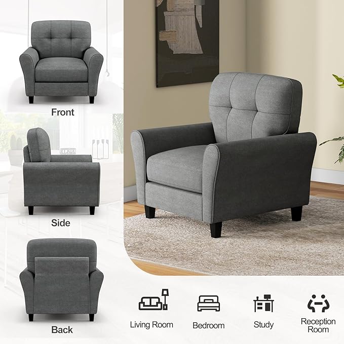 Giantex Modern Mid-Century Accent Chair - Linen Living Room Chair with Tufted Back 7 Thick Cushion Max Load 400 lbs Upholstered Armchair with Non-Slip Foot Pads Club Chair for Bedroom Grey