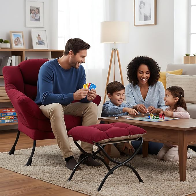 Welnow Lazy Chair with Ottoman Modern Accent Chair with Armrests and a Side Pocket Leisure Sofa Armchair Reading Armchair with Footrest for Small Space Burgundy