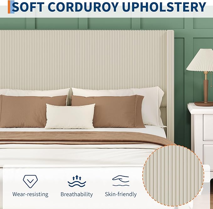 IDEALHOUSE Queen Size Upholstered Platform Bed Frame with Storage Drawers Corduroy Wingback with Tufted Headboard and Footboard No Box Spring Needed Easy Assembly Beige