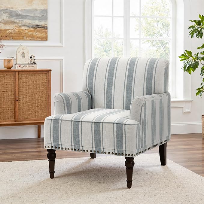 Accent Chair Stripe Armchair for Small Space Comfy Upholstered Club Arm Chair in Fabric Single Reading Chair for Living Room Bedroom Office(Blue Stripe)