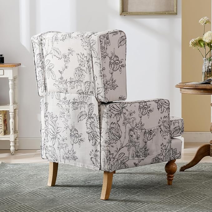 DUOMAY Tufted Accent Chair Modern Linen Upholstered Wingback Side Arm Chair for Living Room Bedroom with Wood Legs Comfy Reading Guest Chair for Office Beige Flower Pattern