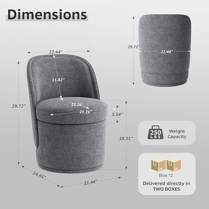 Swivel Accent Chair Set of 2 360° Swivel Round Chair with Hidden Storage Vanity Chairs Modern Small Barrel Armchair for Living Room/Bedroom Darkgrey