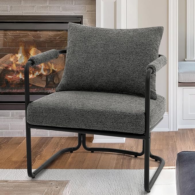 Single Accent Chair for Living Room Mid Century Modern Upholstered Reading Armchair for Bedroom Office with Comfy Chenille Cushion &amp Metal Frame Dark Grey