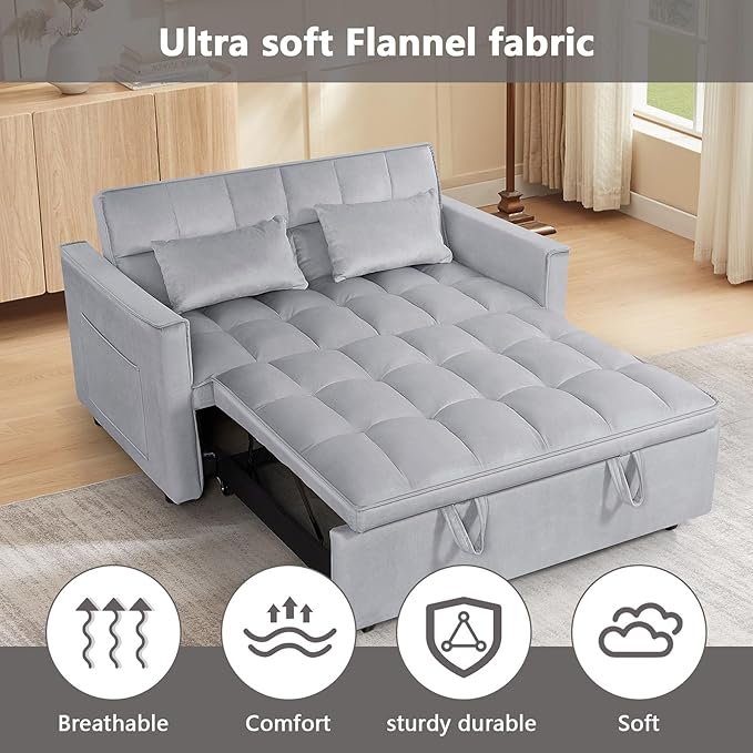 54 Convertible Sofa Bed Velvet Sleeper Sofa with Pull-Out Bed 3-in-1 Futon Couch with Reclining Backrest and Side Pocket Modern Loveseat for Living Room (Silver Grey)