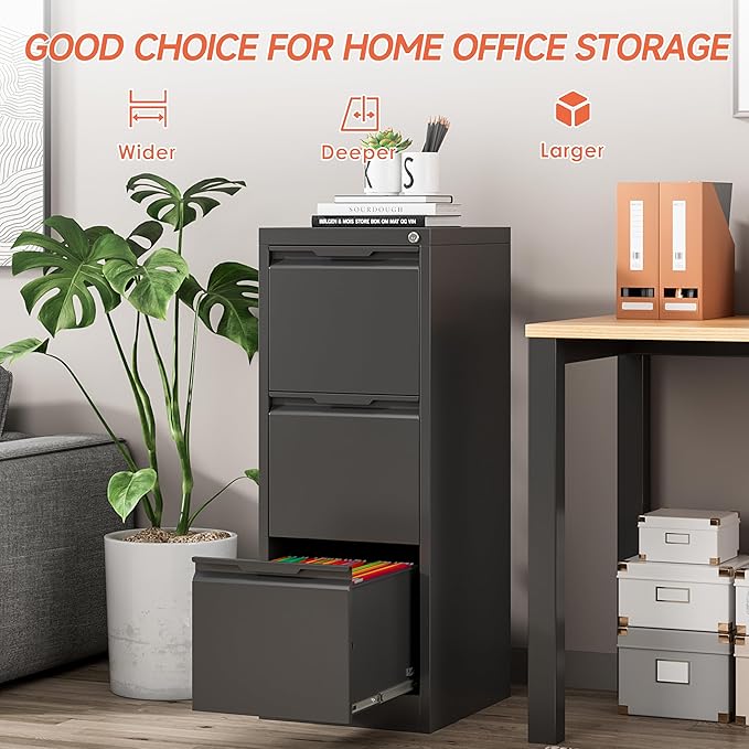3 Drawer File CabinetFiling Cabinets for Home Office Metal Vertical File Storage with Lock Locking for A4 Legal/Letter Assembly Required(Black)