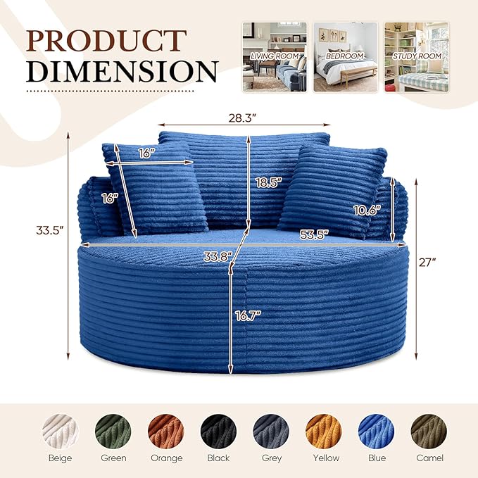 Antetek 53-inch Round Chaise Lounge Chair Indoor Modern Cloud Single Corduroy Couch with 3 Pillows Boneless Compressed Memory Foam Sofa Chair for Living Room Bedroom Apartment Blue