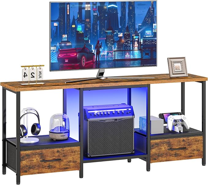 HOOBRO LED TV Stand with Storage LED Entertainment Center with Open Shelves and Drawer Fits TVs up to 55 Television Stand for Living Room Bedroom Rustic Brown and Black BF123DDS01G1