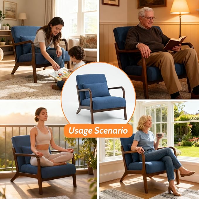 Modern Accent Chair Cotton Linen Fabric Upholstered Lounge Armchair with Solid Wood Frame for Living Room Bedroom Reading Nook (Blue)