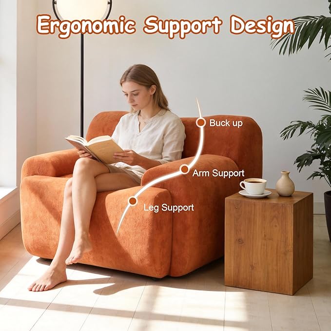 Boneless Chair 42 W Oversized Single Sofa Chair for Living Room Chenille Cloud Comfy Chairs Foam Couch Armchair for Bedroom Apartment Office. Reading No Assembly(Orange)
