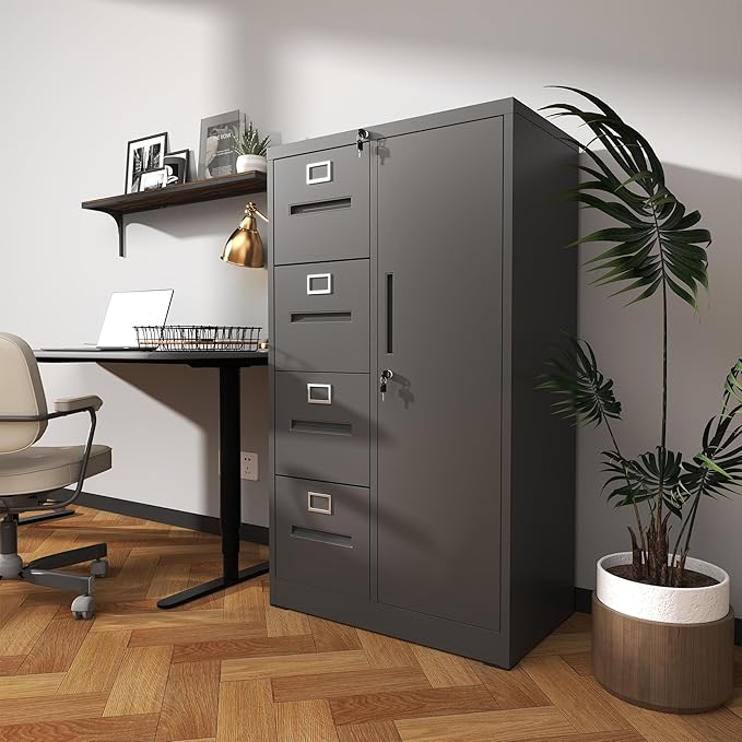 4 Drawer Small File Cabinet with Lock Under Desk Locking Drawers Storage Cabinet Organizer for Home Office Filing CabinetsBlack