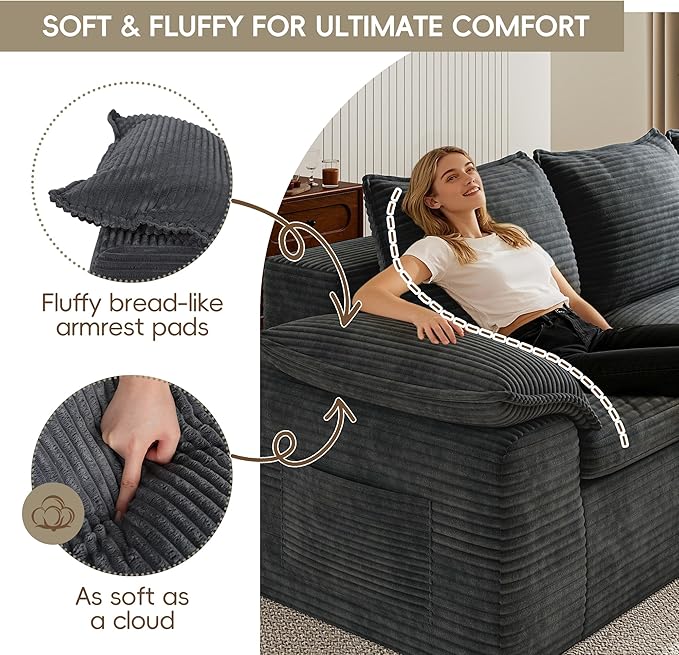65.6 Chaise Lounge Chair Indoor Boneless Upholstered Sofa Bed Corduroy Comfy Sleeper Chair for Living Room and Bedroom Pebble Grey