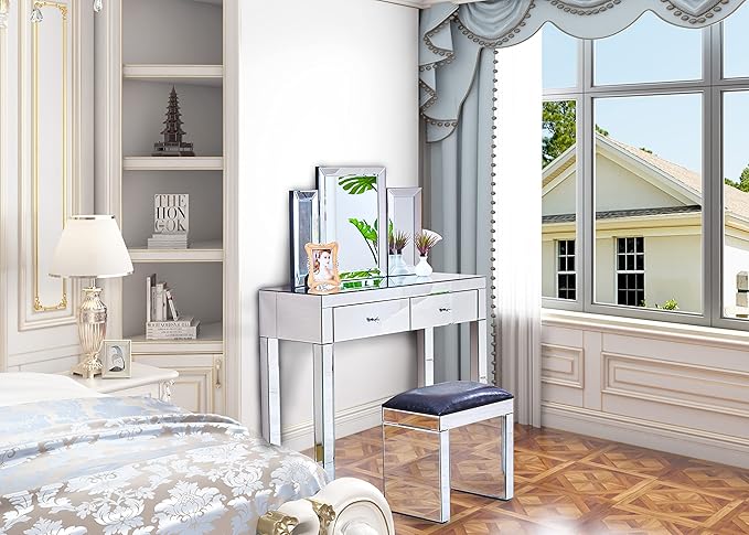 39.4‘’Silver Mirrored Desk Vanity Set Makeup TableMDF Silver Dressing Table with 2 Drawer Vanity Desk for Women Girls Home OfficeLiving Room Office Den (Mirrored Desk)