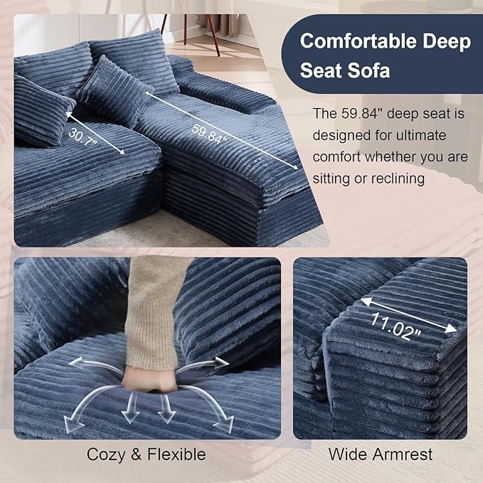 Modern Cloud Sectional Couch with L-Shape Chaise Modular Boneless Sofa with Deep Seat Comfy Plush Upholstered Couches for Living Room Apartment No Assembly Required Corduroy Blue