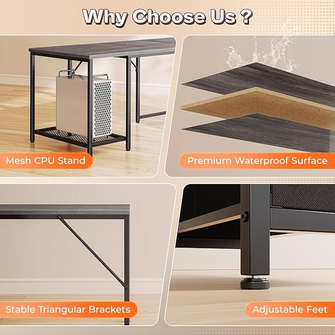 PRAISUN 66 L Shaped Gaming Desk with LED Lights &amp Power Outlets Computer Desk with Fabric Drawers and Print Stand Corner Office Desk Monitor Stand Mesh CPU Stand Grey