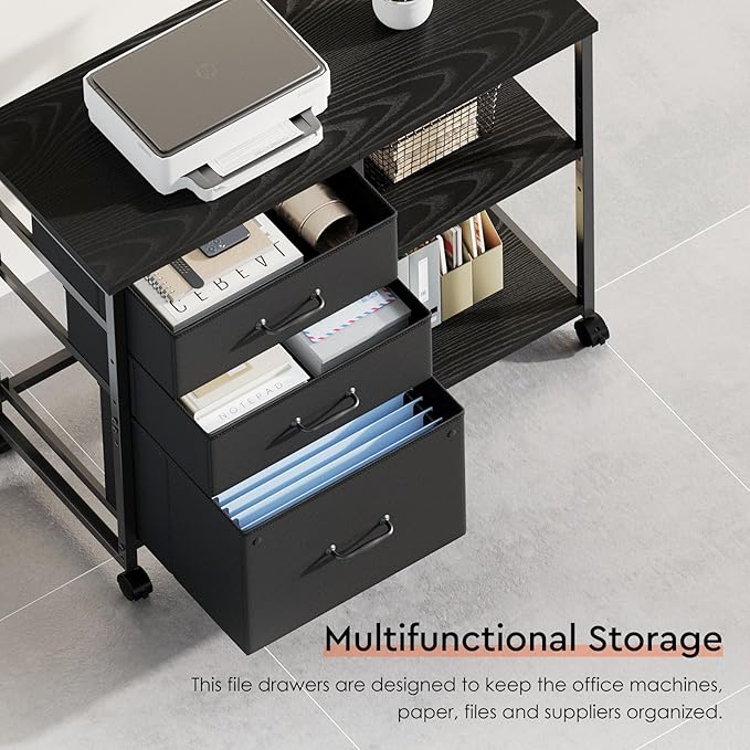 3 Drawer File Cabinet with Wheels Rolling Printer Stand with Open Storage Shelf Fabric Lateral Filing Cabinet for Home OfficeBlack