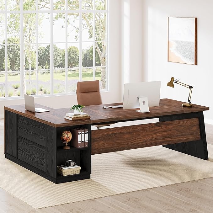 Tribesigns 78 L Shaped Executive Desk Large Office Desk with Drawers and Storage Shelves Modern Corner Computer Table Business Furniture for Home Office (Walnut &amp Brown)