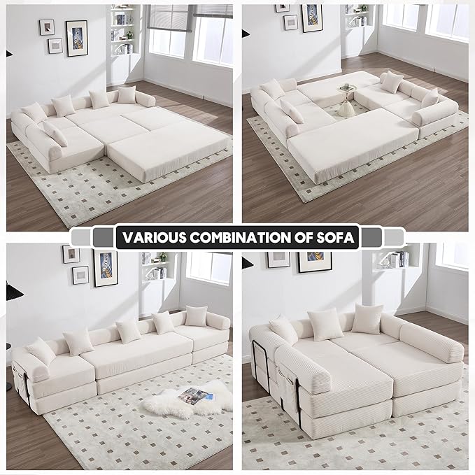 Oversized Modular Cloud Couch for Living Room Corduroy L-Shaped Sectional Sleeper Sofa Bed with Fixed-Shape Frame Modern Boneless Couch with Pillows &amp Storage Beige White