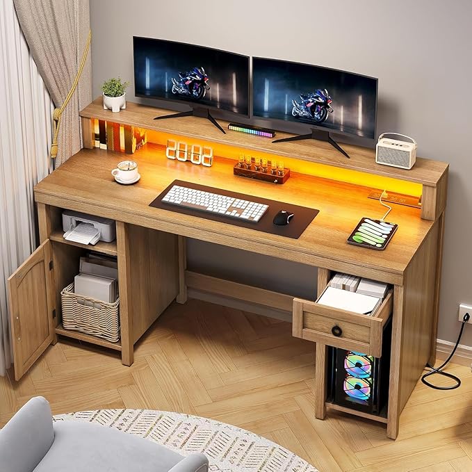 DWVO Farmhouse Office Desk with Drawer &amp Power Outlets Rattan Computer Desk w/LED Strip &amp Monitor Stand for Bedchamber Study Home Office Table w/Storage Cabinet for Working Writing Gaming (O