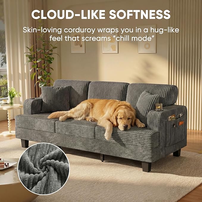 JUMMICO Corduroy Couches for Living Room 3 Seater Couch with Cup Holders and Removable Cover Small Sofa with Deep Seats for Apartment Terrace or Loft (Gray)