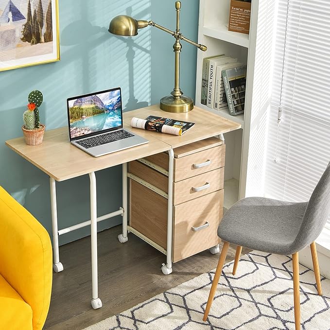 Tangkula Folding Computer Desk with 3 Storage Drawers Mobile Home Office Desk Study Writing Desk with Smooth Wheels Space Saving Compact Desk for Dorm Apartment Rolling Folding Desk Table