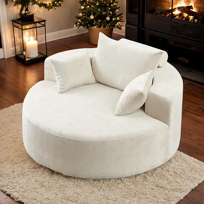 55''W Chenille Oversized Round Chaise Longue Chair Indoor Upholstered Deep Seat Floor Sofa Chair with Pillow No Assembly Required Single Sofa Armchair for Living Room (Chenille Beige)