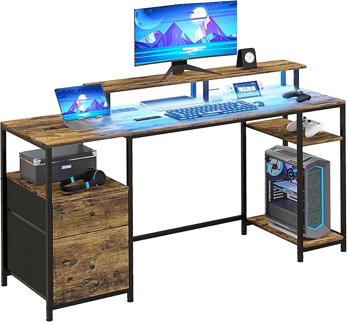 61 Computer Desk with LED Lights Power Outlets and USB Ports Gaming Desk with Storage Shelves Monitor Stand Fabric Drawers Remote for Home Office Study Rustic Brown