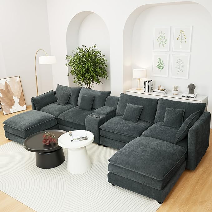 144 U Shaped CouchModular Sectional SofaCloud Couch with Ottoman6 Seater ConvertibleChenille FabricConsole &amp Cup HoldersSofa for Living RoomApartment (Dark Grey)