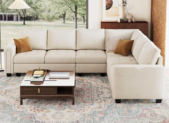 Belffin Modular Sectional Sofa L Shaped Couch with Reversible Chaises 6-Seater Convertible Sectional Sofa Couch Velvet Corner Sofa Beige