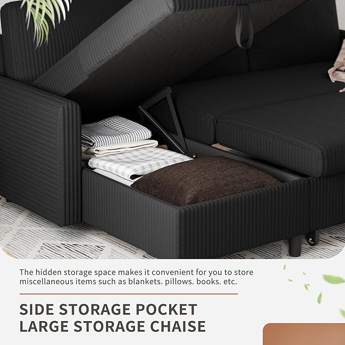 Walsunny Sectional Sofa Couch L Shaped Sleeper Sofa Bed Pull Out Bed with Storage Reversible Sectional Couches for Living Room Apartment Office(Black)
