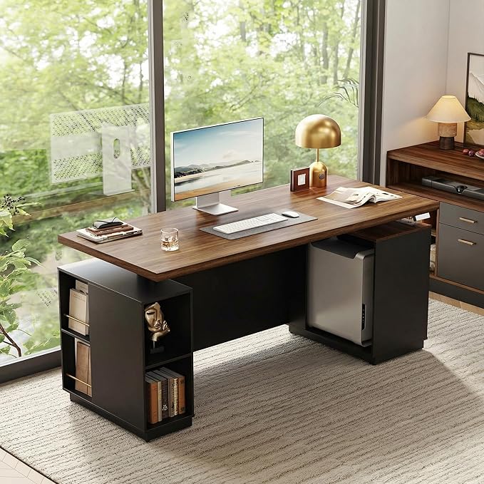71 Standing Executive Desk with Privacy Panel Large One-Piece Electric Height Adjustable Stand Up Desk with Charging Station File Cabinet Storage Home and Office Black Walnut