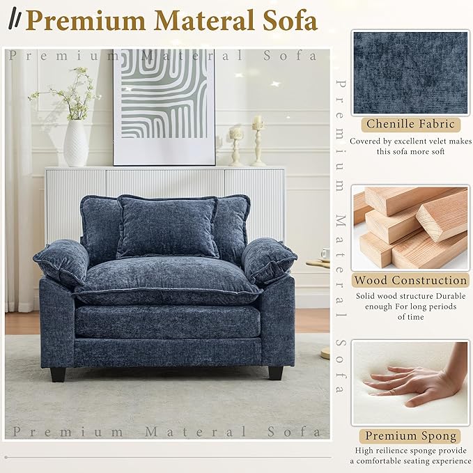 URRED Cloud Couch Accent Chair Oversized Chenille Armchair with Deep Wide Seat and Upholstered ArmrestsBlue – Modern Lounge Chair for Bedroom or Living Room