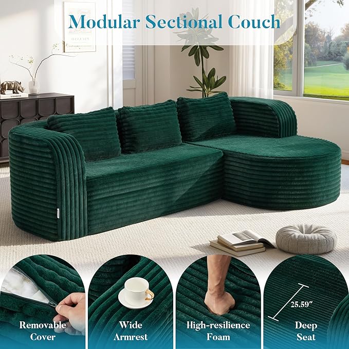 Hobestluk 96 Cloud Sectional Couch Modern Boneless Couch 3 Seater with Oversized Chaise L Shaped Modular Sofa Couches for Living Room Apartment No Assembly Required (Stripe GreenRight Facing Chaise)