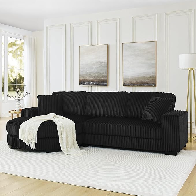 Corduroy Tufted Upholstered Sleeper Sectional Sofa L-Shaped Modular Convertible Sofa The arc-Shaped Footstool can be Placed Freely on The Left and Right (Black + Foam + 3 Seat)