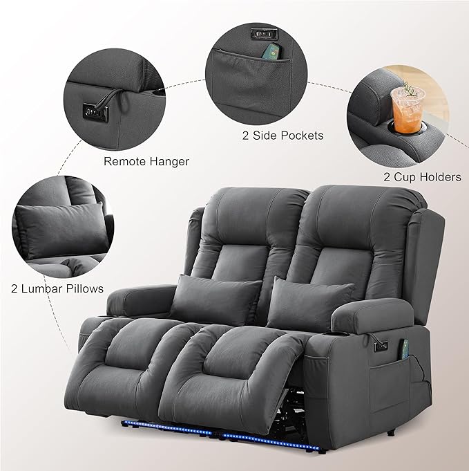 TUNYI Wall Hugger Loveseat Recliner Sofa with Massage &amp Heat Power Reclining Loveseat RV Couch with USB/Outlet/Storage/LED Light/Speaker (Grey)
