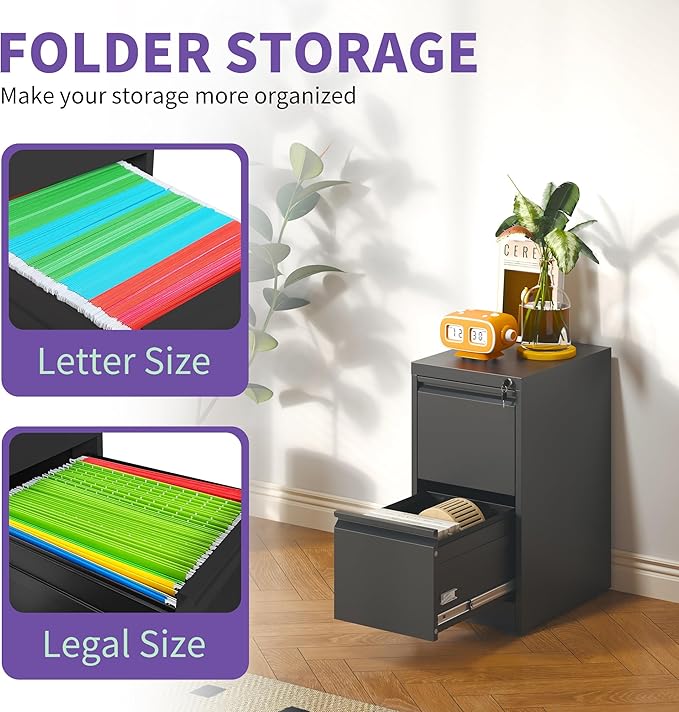 2 Drawer Small File Cabinet with LockUnder Desk Storage Organizer Metal Filing Cabinets for Home Office Locking Drawers for A4 Legal/Letter SizeBlack