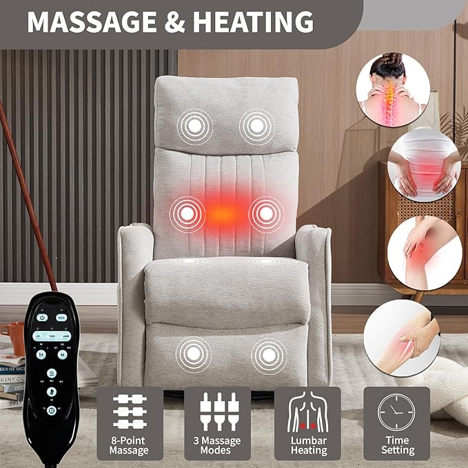 Massage Recliner Chair with Heat Slim Recliners for for Adults Swivel Rocking Chair Recliner with High Back Small Recliner Chair for Small Spaces Living Room Adjustable Footrest (Light Grey)