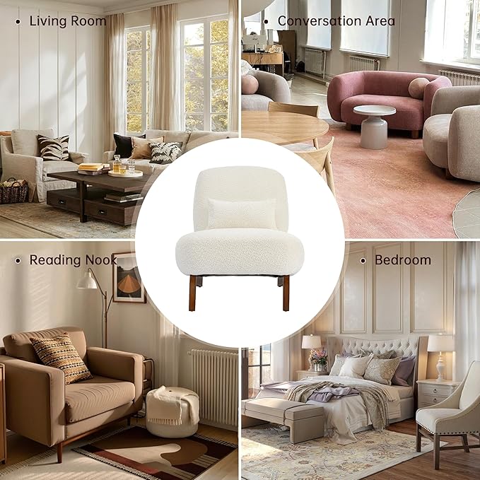 Morden Fort Boucle Chair Upholstered Accent Chair Tilted Wooden Leg with Durable Comfy Boucle Pet-Friendly Thick Cushion &amp Pillow Armless Modern Chairs for Living Room Bedroom Reading Beige